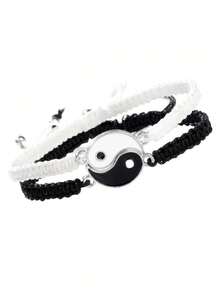 2pcs Fashion Woven Student Bracelet Set, Black & White Minimalist Woven Tai Chi Bagua Bracelets, Suitable For Daily Wear - one-size - View 4