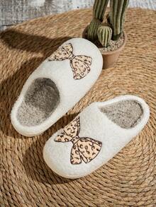 Women Slippers Leopard Bow Embroidery Flat Warm Winter House Comfy Shoes - màu nâu - Xem 5