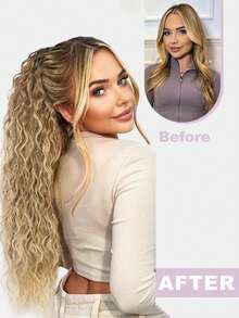 28英寸长波浪卷发马尾夹式接发，多层耐热合成纤维，波浪卷发耐热纤维假发，男女通用，易于佩戴，黑棕色长款接发，适合派对和日常造型，适合所有肤色，基础款，高温纤维，外观自然。 - 漸變金色 - 查看 5