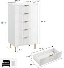 5 Drawer Dresser For Bedroom, 48" Tall Modern Chest Of Drawers With Deep Drawers And Wide Top, Fluted Wooden Dresser Organizer For Living Room, Hallway, Kids Room - trắng - Xem 2