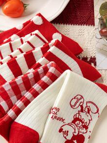 5双装正品迪士尼女士袜子，米奇刺绣红色新年礼物袜，卡通圣诞刺绣袜，新年动画袜，男女通用卡通英雄袜，创意趣味迪士尼袜子 - 彩色 - 查看 8