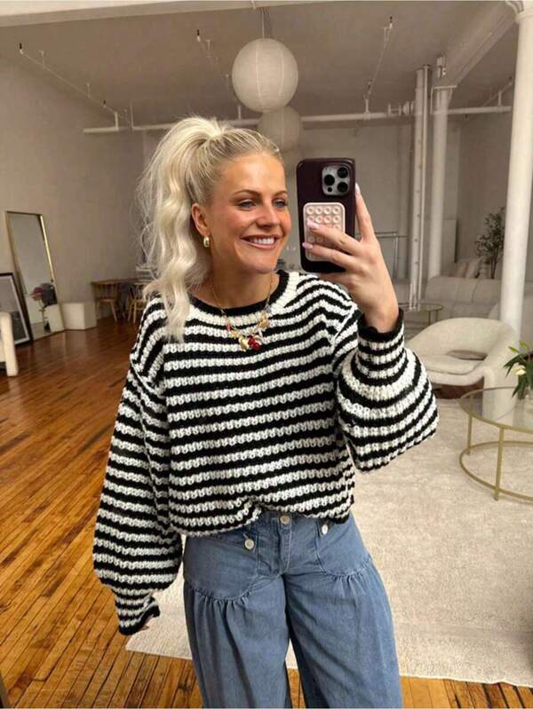 Autumn And Winter New Round Neck Striped Color Blocking Lantern Sleeve Sweater Women Loose J Fashion Long Sleeve Jumpers For Women Sweater Knit Top