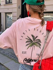 女士休闲圆领棕榈树字母印花度假风短袖T恤上衣，白色和粉色