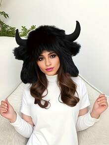 1pc Unisex Classic Fluffy Horns Protective Ear Beanie, Funny For Halloween, Warm Thick Knitted Hat For Winter, Autumn/Winter - Horns - View 5