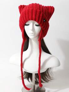 1 pieza Gorro de punto con orejas de gato de unicolor y lindo para mujer, gorro de invierno grueso y cálido para protección de orejas, diseño versátil y de moda, adecuado a nivel mundial