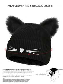 Knitted Cat Ear Embroidered Beanie Hat, Cute & Warm Ski Cap For Autumn/Winter