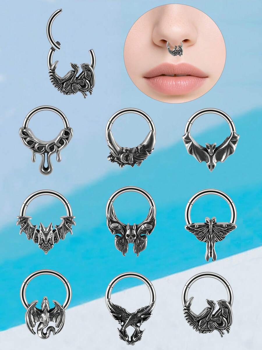 1PC Punk Retro Many Style Nose Stud Bat/Skull/Lizard/Two Dragons Cross Black Oil Drip Hinger Septum Nose Ring Stainless Steel Ear Tragus Cartilage Daith Helix Earring Unisex Gift - Steel - View 1
