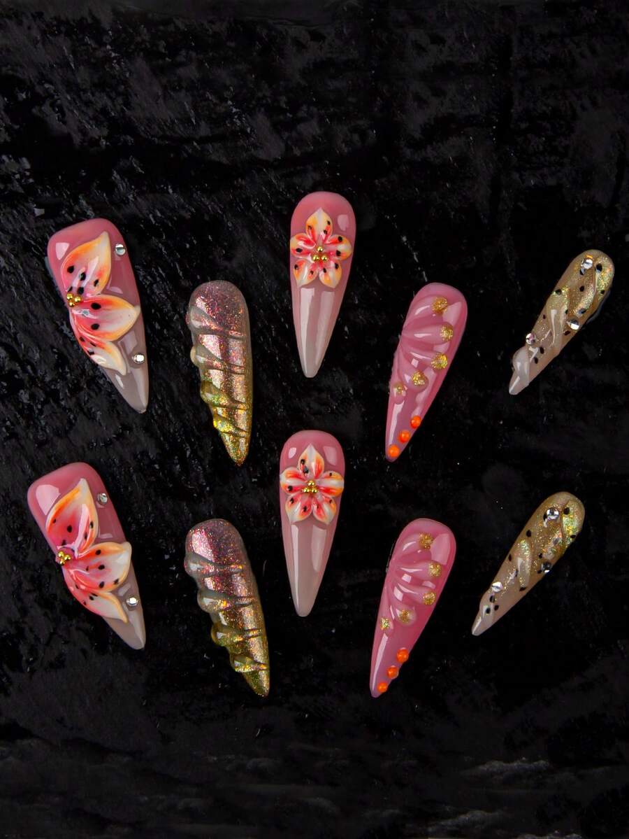 10-Piece Handcrafted Tangerine-Red Long Stiletto Press-On Nails Set Featuring 3D Dimensional Flowers With Glitter Gradient Effect, 3D Water Wave Decorations, Gold Glitter Leopard Print Patterns, And Rhinestone Embellishments. With A Tropical Vibe, It Is Perfect For Daily Wear And Vacations.