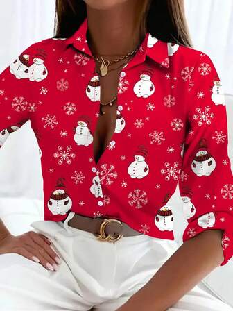 加大码女式红色圣诞编织面料衬衫领常规袖上衣，带雪人印花