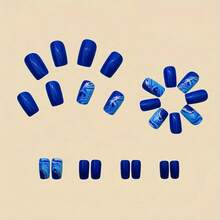 24 Pieces/Box Medium And Short Square Wearing Armor Blue Corrugated Smudged Gold Striped Fake Nail Piece - 1535 - Xem 4