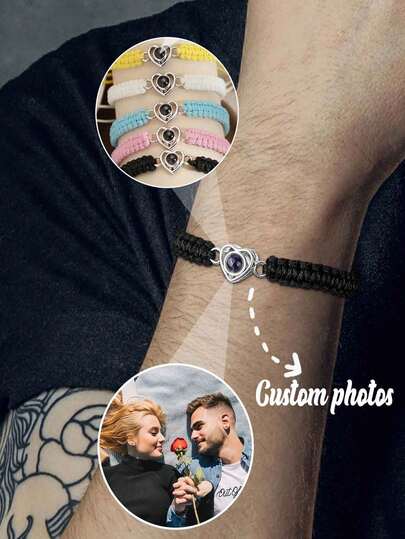 1 szt. Spersonalizowana, ręcznie tkana bransoletka w kształcie serca z projekcją zdjęć, spersonalizowany prezent biżuteryjny dla mężczyzn i kobiet, druhen, idealny prezent dla niej, modny i minimalistyczny, nadaje się do noszenia na co dzień, na urodziny, imprezy, rocznice, śluby, ukończenia szkoły, święta, prezent urodzinowy dla matki, bransoletka dla najlepszej przyjaciółki, walentynki, prezent świąteczny dla dziewczyny