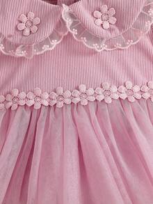Baby Girls' Cute Floral Peter Pan Collar Long Sleeve Floral Design Hem Mesh One-Piece Bodysuit, Suitable For Everyday Outings, Spring & Autumn - Pink - View 6