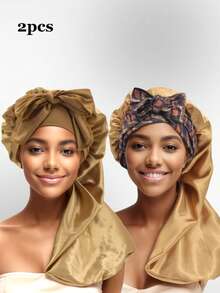 2pcs Bonnets Set,Satin Long Bonnet For Women, Adjustable Sleep Cap With Tie Band,Long Bonnet For Curly Or Dreadlocks Hair,Large Braid Bonnet Silky Hair Cap For Locs Women Sleeping.(Random Print)