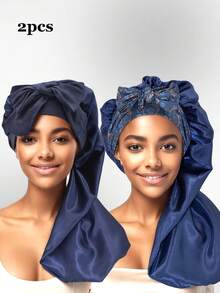 2pcs Bonnets Set,Satin Long Bonnet For Women, Adjustable Sleep Cap With Tie Band,Long Bonnet For Curly Or Dreadlocks Hair,Large Braid Bonnet Silky Hair Cap For Locs Women Sleeping.(Random Print)
