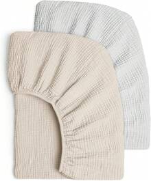 Lulumoon Set Of 2 Children's Fitted Sheets, Muslin Cotton Fitted Sheet For Baby Cot And Cot, 60 X 120 Cm / 70 X 140 Cm, Travel Cot, Fitted Sheet, Side Cot, Sheets (Cream Sand) - Grey Cream - View 1