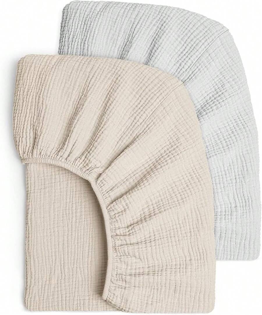 Lulumoon Set Of 2 Children's Fitted Sheets, Muslin Cotton Fitted Sheet For Baby Cot And Cot, 60 X 120 Cm / 70 X 140 Cm, Travel Cot, Fitted Sheet, Side Cot, Sheets (Cream Sand) - Grey Cream - View 1