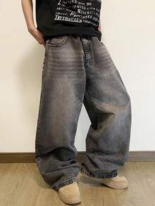 Hearty Haven 男士加大码水洗宽松牛仔裤，休闲舒适百搭阔腿牛仔裤，四季皆宜（不含腰带和配饰） - 灰色 - 查看 1