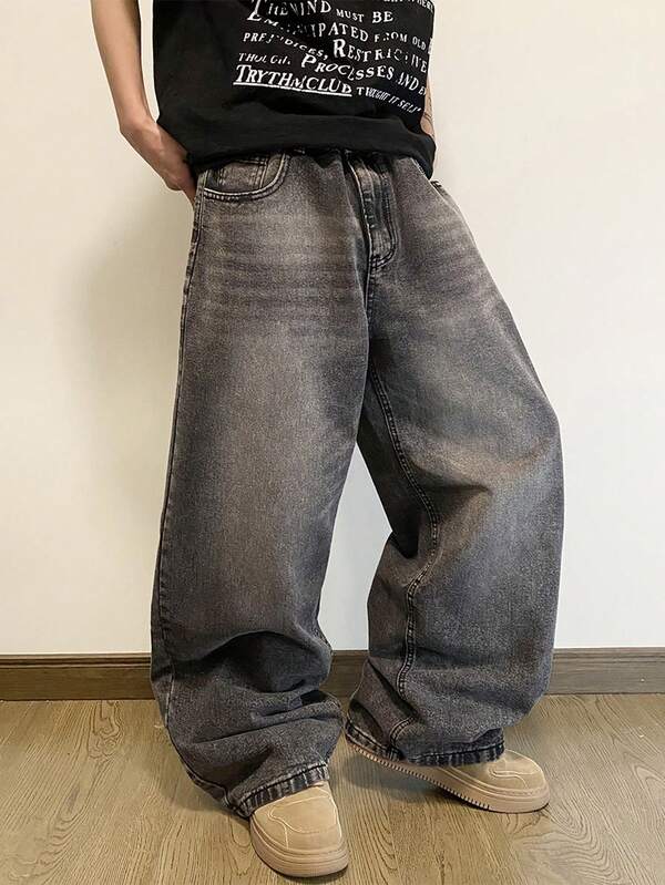 1 Stück Herren Große Größen Lässig Loose Fit Weite Bein Washed Jeans, Bequem & Vielseitig, Amerikanischer Streetwear Stil