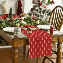 Red Christmas Tree Table Runner, Seasonal Winter Kitchen Dining Table Decor For Home Party, 33x90cm, 33x120cm, 33x183cm, 33x230cm, 33x275cm - الأحمر - مشاهدة 2