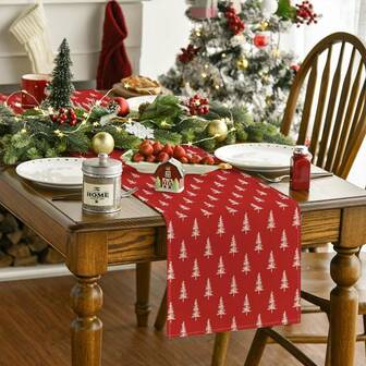 Red Christmas Tree Table Runner, Seasonal Winter Kitchen Dining Table Decor For Home Party, 33x90cm, 33x120cm, 33x183cm, 33x230cm, 33x275cm