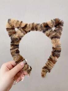 2 piezas Diadema con orejas de gato de felpa para mujer, diadema de felpa con estampado de leopardo y negro a la moda y linda para otoño/invierno, decoración versátil para uso diario, banda para el cabello, aro para el cabello - Multicolor - Ver 2