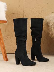 Botas Altas Plissadas de Cor Sólida Estilo Europeu e Americano, Novas Botas Altas de Tubo de Cor Sólida com Salto Grosso e Bico Fino para Outono/Inverno, Estilo Ocidental para Festa Noturna, Feriado (Sugere-se Pedir um Tamanho Abaixo) - Preto - Visão 5