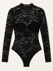 Lace Tulle Bodysuit, High Neck, Winter  Look - 無色 - 查看 1