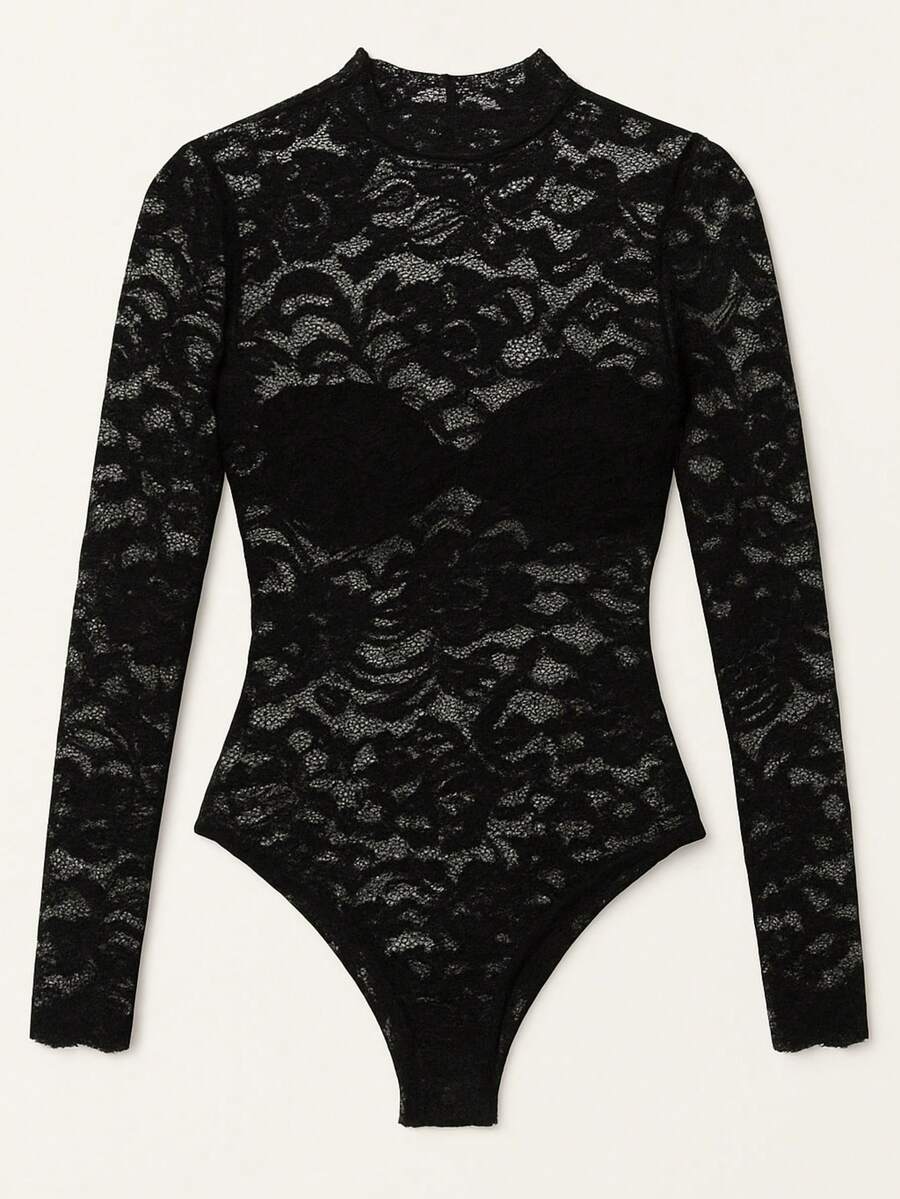 Lace Tulle Bodysuit, High Neck, Winter  Look - 無色 - 查看 1