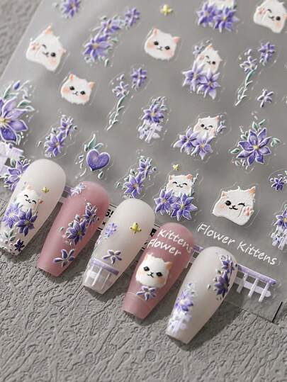 1 pièce Autocollants d'art pour ongles 5D en relief avec motif mignon de chat vert en pot de fleurs. Décalcomanies de manucure mignonnes de chaton