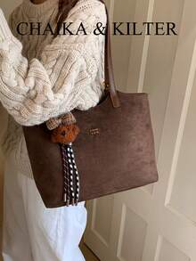 1 pezzo Borsa a spalla in tessuto scamosciato tinta unita, borsa casual retrò da donna con chiusura a scatto e cerniera, borsa a tracolla di grande capacità adatta per viaggi, shopping, appuntamenti, regalo da donna, adatta per ragazze adolescenti, studenti universitari e lavoratori d'ufficio, ideale per ufficio, scuola, lavoro, pendolarismo, attività all'aperto, viaggi, picnic (venduta con ciondolo)