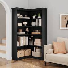 72.8in L Shaped Corner Bookshelf,Farmhouse Wooden 5 Tier Tall Storage Display Rack For Living Room Bedroom - 黑色 - 查看 4