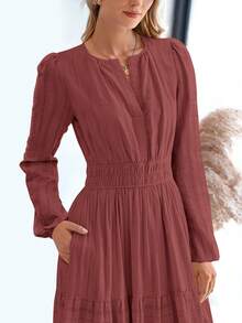 Women Fall Maxi Dresses Long Sleeve High Waist Tiered Flowy A-Line Boho Bohemian Long Dress Beach Holiday Vacation Wedding Guest Valentine Outfit - 紅棕色 - 查看 5