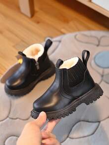 1 par de botas de tobillo bajo para niños pequeños con cierre de cremallera lateral, botas de moda de invierno para niños - Negro - Ver 6