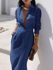 Women's Solid Color Long Sleeve Single-Breasted Shirt And Midi Skirt Casual Outfit, Autumn - Blue - View 3