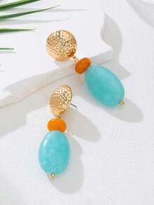 两款波西米亚风格优雅性感的不对称几何波纹玉石树脂吊坠和圆形心形耳环套装，适合聚会、度假和节日。 - 藍色樹脂耳環 - 查看 3