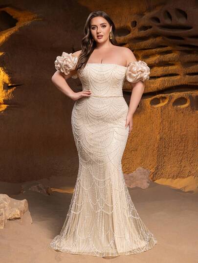 Faeriesty Vestido de noche elegante y glamoroso de talla grande con hombros descubiertos, mangas cortas y bajo de sirena - Perfecto para bodas, galas, eventos de etiqueta negra, ceremonias de premios y banquetes de lujo