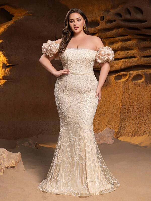 Faeriesty Haute Glamour Elegant Off-Shoulder Short Sleeve Mermaid Hem Plus Size Formal Evening Gown – Perfect For Weddings, Galas, Black-Tie Events, Award Ceremonies, And Luxury Banquets