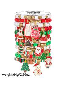 12 peças/Conjunto de Encantos com Tema de Natal incluindo Boneco de Neve, Árvore de Natal, Papai Noel, Rena, Chapéu de Papai Noel, Pingentes de Casa de Neve, Combinados com Contas de Coração de Argila Macia CCB, Conjunto de Pulseira, Adequado para Presentes de Feriado, Família, Amigos e Uso Diário