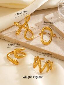 4pcs Set Stainless Steel Minimalist 18K Gold Plated Geometric Line Open Ring, Suitable For Women's Daily Wear - Multicolor - View 5