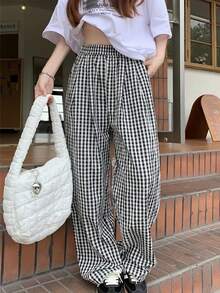 Plaid Clash Drapeado Mujeres Verano de talle alto de pierna recta Arrastre Pantalones Pantalones Largos Pantalones casuales de corte recto y corte holgado con rayas de colores lisos Pantalones de Mujer - Negro - Ver 4