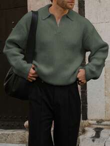Men's Ribbed Polo Neck Sweater, Casual Loose Fit Pullover Knitwear, Autumn/Winter - 灰色 - 查看 2