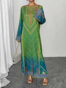 一件女士印花长袖直筒连衣裙，休闲绿色连衣裙，优雅阿拉伯风格长袍，适合春季奢华派对活动 - 綠色 - 查看 4