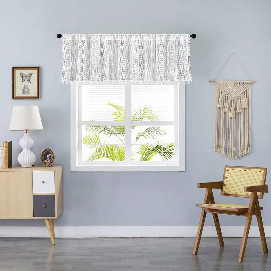 Boho Sheer Curtain Valance Crochet Lace With Bohemian Hollow Knitted Handmade Tassels, Short Farmhouse Window Treatment For Kitchen Cafe, Rod Pocket, 1 Panel 59" W X 24" L, White - TrắngMóc59Wx24LGói 1 - Xem 1