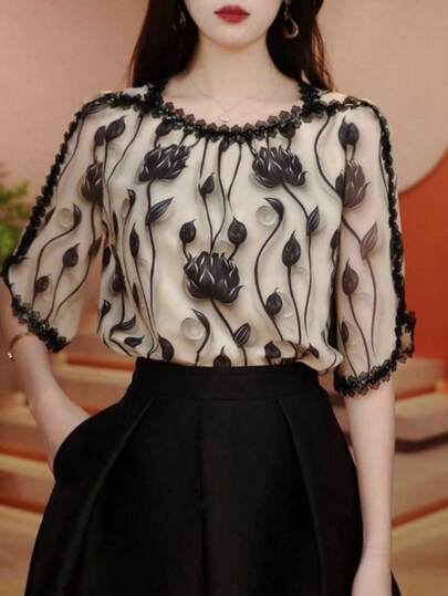 Women's Round Neck Short Sleeve Fashionable High-End Floral Print Blouse