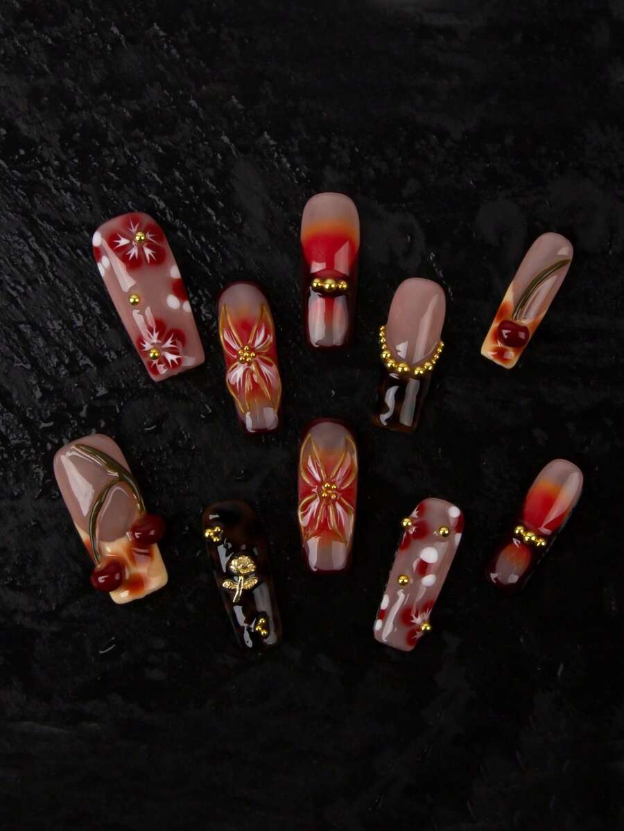 10 Pieces Of Handmade Constructed Blue French Long Square Fake Nails, Adorned With Gorgeous Rhinestone Accessories, Featuring Transparent 3D Stereo Water Wave And Flower Decorations, And A Gradient Fake Press-On Nail Set. Perfect For Daily Life, Making You Look Stunningly Beautiful.