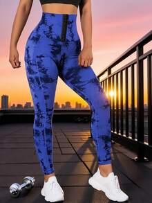 女士运动休闲高腰染色束腰纽扣口袋紧身裤，健身跑步裤，新款春夏弹力紧身瑜伽紧身裤