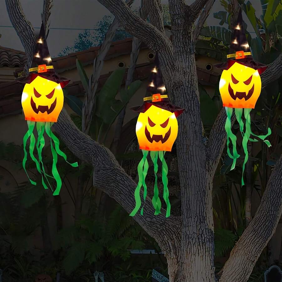 Halloween Decorations Outdoor Hanging Lights Decorations Luminous Ghost Witch Hat Horror Halloween Decorations Indoor And Outdoor Decorations White Halloween Party Garden Tree Light String