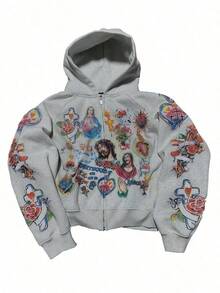 Jesus Saved My Life Crucifix Zip Up Hoodie Y2K Graphic Jesus Oversized Hoodies Winter Pullover Jacket Clothes For Men - trắng - Xem 1