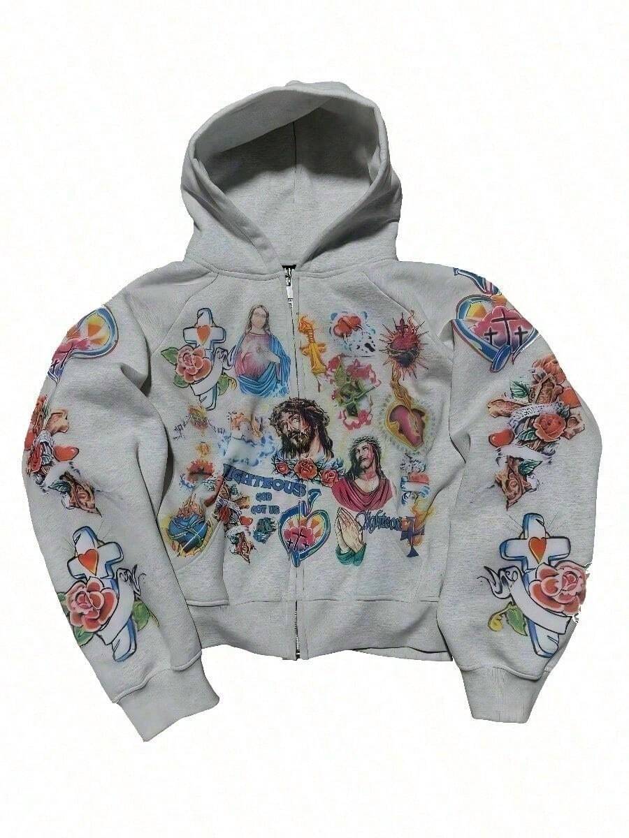 Jesus Saved My Life Crucifix Zip Up Hoodie Y2K Graphic Jesus Oversized Hoodies Winter Pullover Jacket Clothes For Men - trắng - Xem 1