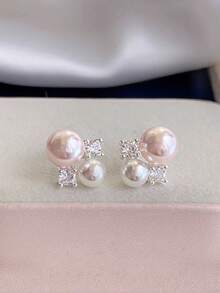 1 Pair Elegant, Charming, Gentle, Personalized Faux Pearl & Crystal Stud Earrings, Suitable For Women's Daily, Commute, Engagement, Gala, Holiday Wear - Silver - View 5
